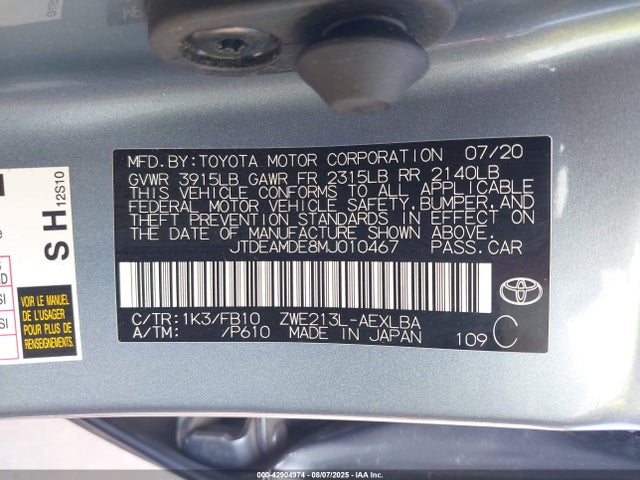 Toyota 2zr-fxe, 1nm 2021 JTDEAMDE8MJ010467 Image 9