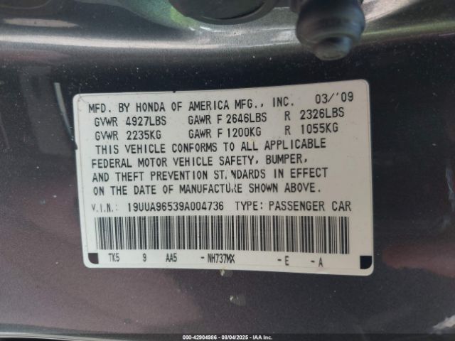 2009 ACURA TL 19UUA96539A004736 Photo 8