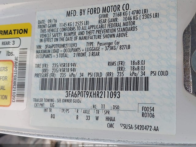 3FA6P0T9XHR211093 Ford 2.0l gtdi premium fuel