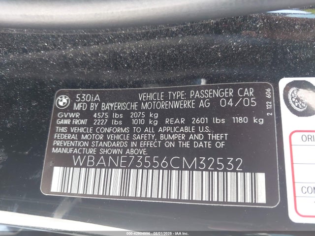 42904996 :رقم المزاد ، WBANE73556CM32532 vin ، 2006 Bmw 530i مزاد بيع