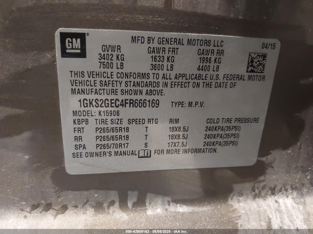 1GKS2GEC4FR666169 GMC l83 - vvt, active fuel management, aluminum