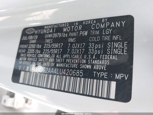 KM8K62AA4LU420685 Hyundai mpi nu