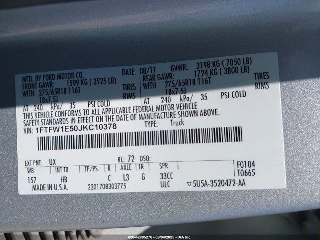 1FTFW1E50JKC10378 Ford 5.0l 4v