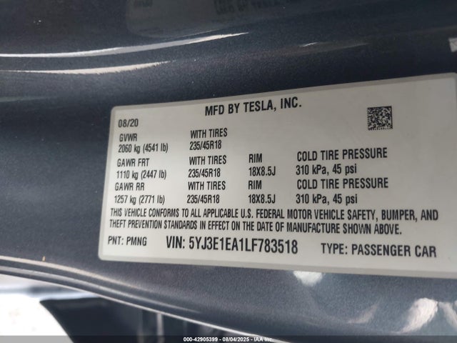 Tesla MODEL 3 2020 5YJ3E1EA1LF783518 Image 9