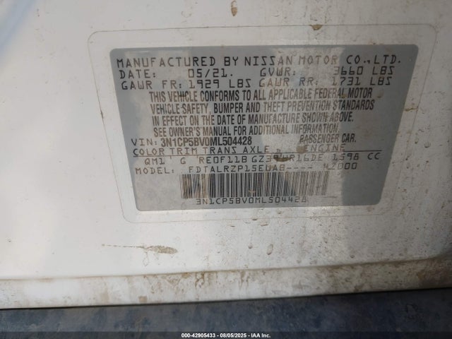 3N1CP5BV0ML504428 Nissan Kicks S Xtronic Cvt