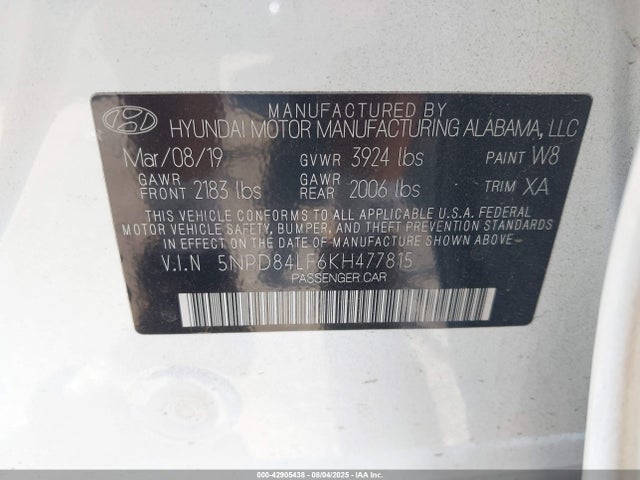 5NPD84LF6KH477815 Hyundai mpi nu