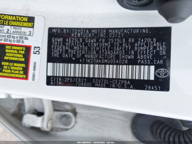 2021 TOYOTA CAMRY 4T1KZ1AK6MU054028 Photo 8