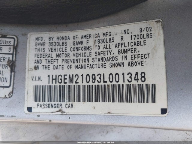 2003 Honda Civic Ex მანქანა იყიდება აუქციონზე, vin: 1HGEM21093L001348, აუქციონის ნომერი: 42905696