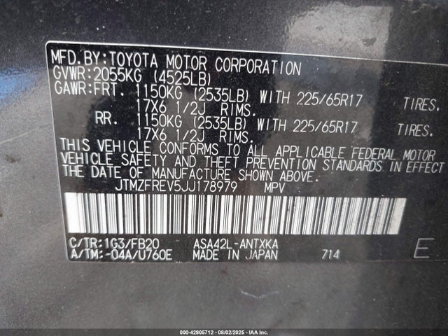 JTMZFREV5JJ178979 Toyota 2ar-fe