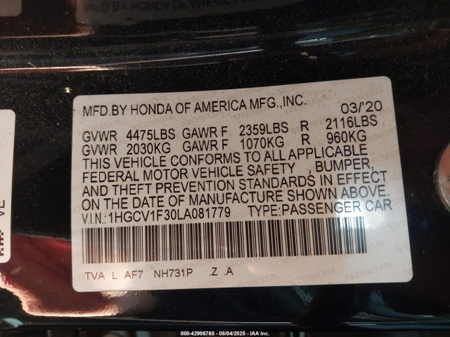 1HGCV1F30LA081779 Honda l15be
