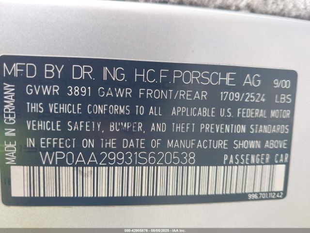2001 PORSCHE 911 WP0AA29931S620538 Photo 8