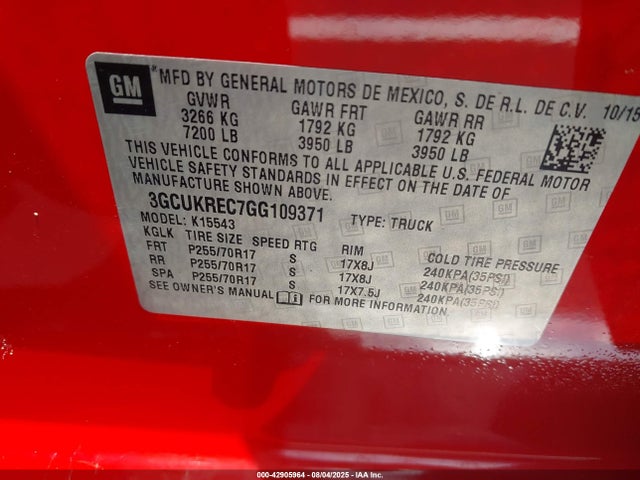 Aukcja sprzedaży 2016 Chevrolet Silverado 1500 1lt, vin: 3GCUKREC7GG109371, numer aukcji: 42905964