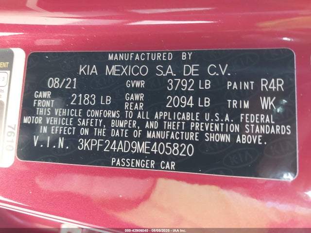 3KPF24AD9ME405820 KIA mpi nu