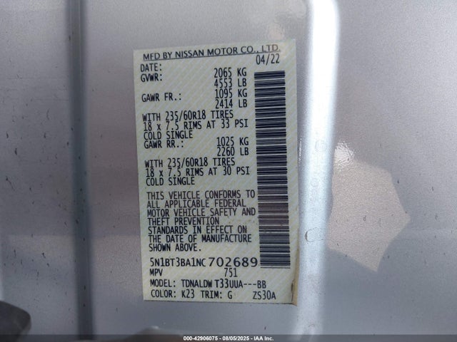 5N1BT3BA1NC702689 Nissan Rogue