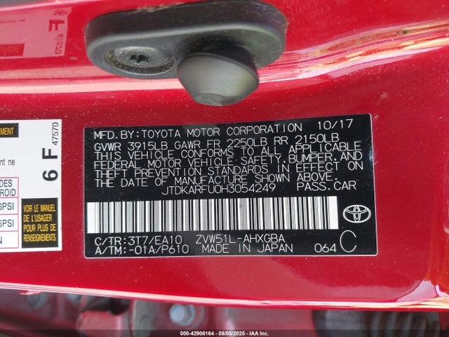JTDKARFU0H3054249 Toyota 2zr-fxe,1nm