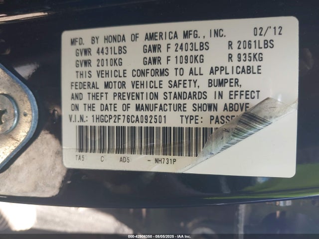 Продажа на аукционе авто 2012 Honda Accord 2.4 Ex, vin: 1HGCP2F76CA092501, номер лота: 42906350