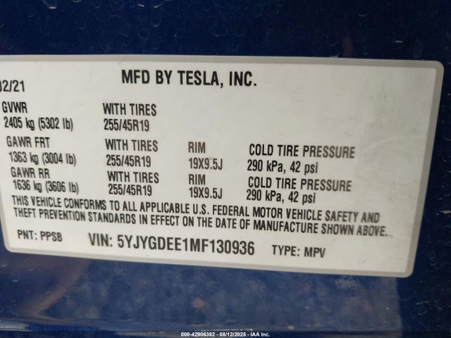 2021 TESLA MODEL Y 5YJYGDEE1MF130936 Photo 8