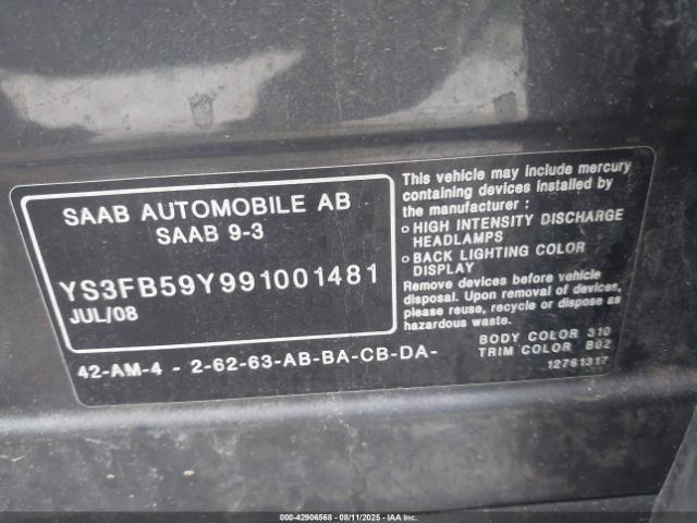 2009 SAAB 9-3 YS3FB59Y991001481 Photo 8