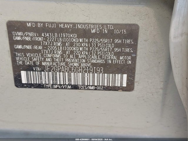 Subaru naturally aspirated 2016 JF2GPABC6GH219193 Image 9