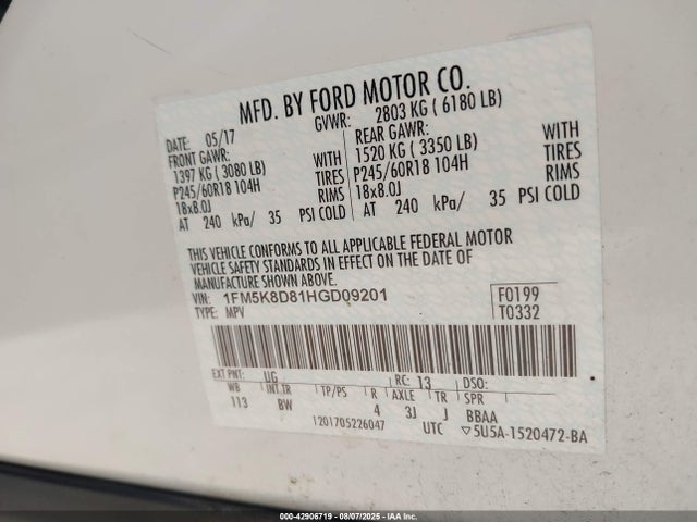 Ford 3.5l ti-vct 2017 1FM5K8D81HGD09201 Image 9