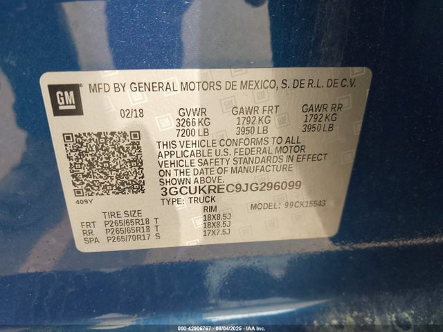 3GCUKREC9JG296099 Chevrolet l83 - sidi: spark ignited direct injection, vvt: variable valve timing, afm, e85 max, alum