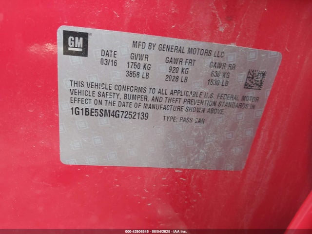 Chevrolet le2 - di: direct injection, alum, vvt, gen i, gmna 2016 1G1BE5SM4G7252139 Image 9