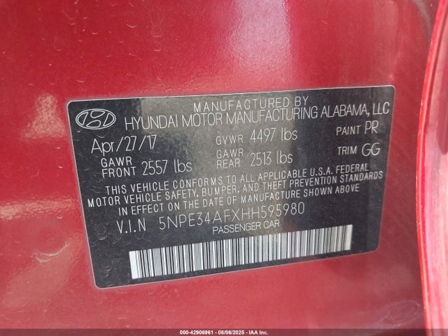 5NPE34AFXHH595980 Hyundai Sonata
