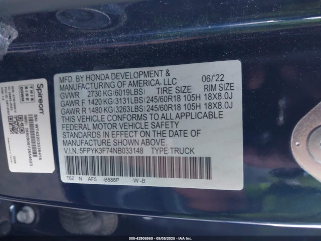 5FPYK3F74NB033148 Honda j35y6