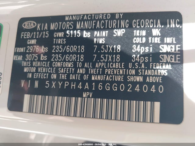 5XYPH4A16GG024040 KIA dohc t-gdi theta ii