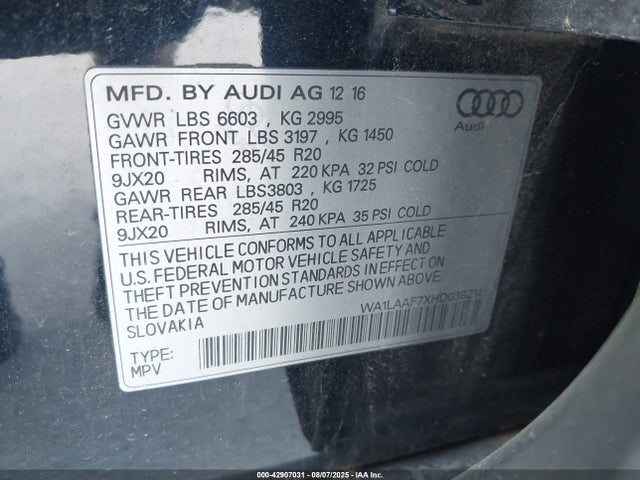Продаж на аукціоні авто 2017 Audi Q7 3.0t Premium, vin: WA1LAAF7XHD039214, номер лоту: 42907031