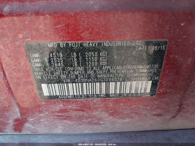 4S3BNAD60G3006078 Subaru 2.5l u5