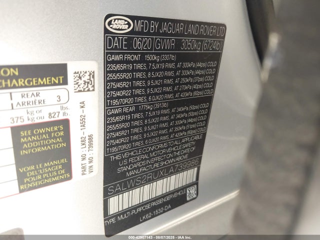 Land Rover aj20p6 2020 SALWS2RUXLA739986 Image 9