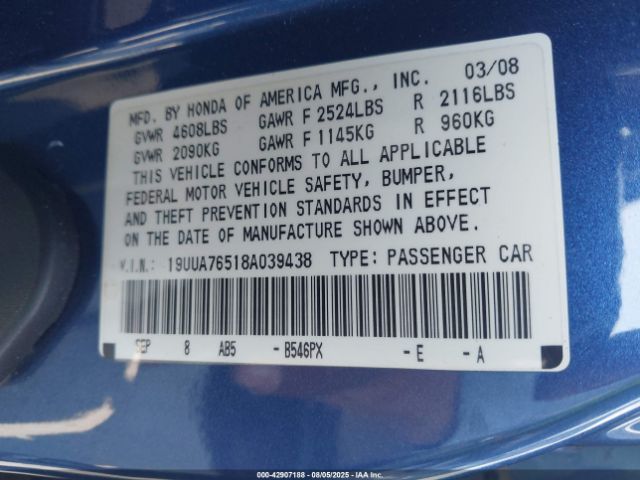 2008 ACURA TL 19UUA76518A039438 Photo 8