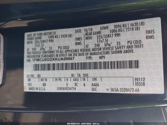 1FMCU0GDXKUA09967 Ford 1.5l gtdi sigma w/premium fuel