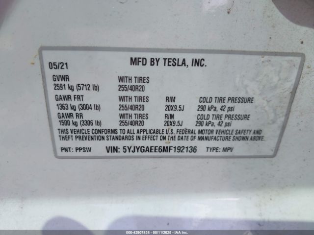 2021 TESLA MODEL Y 5YJYGAEE6MF192136 Photo 8