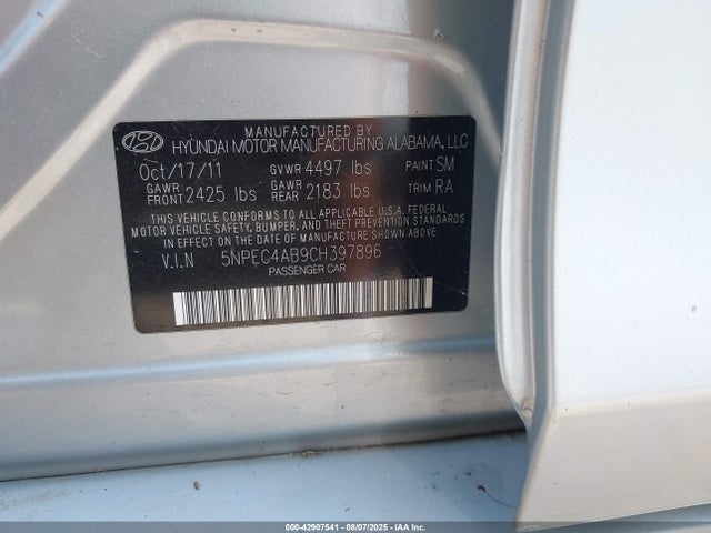 42907541 :رقم المزاد ، 5NPEC4AB9CH397896 vin ، 2012 Hyundai Sonata Se 2.0t مزاد بيع