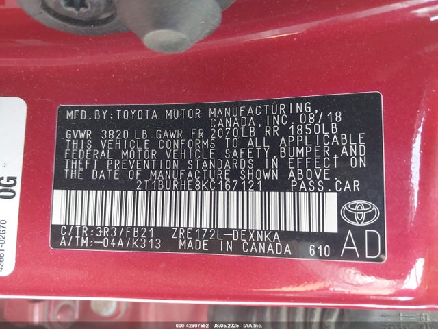 2T1BURHE8KC167121 Toyota 2zr-fe