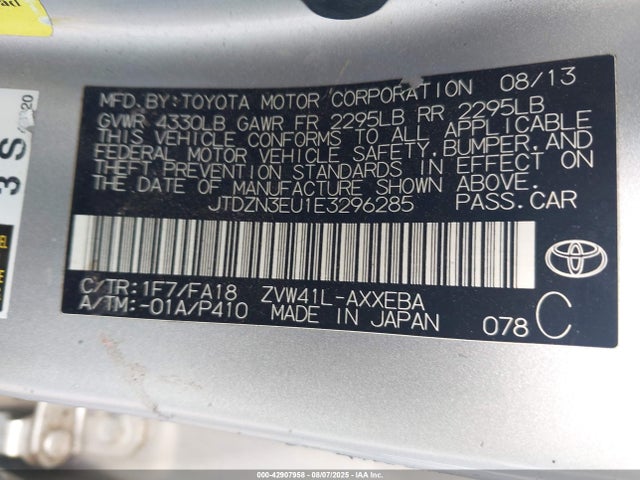 Toyota 2zr-fxe+5jm 2014 JTDZN3EU1E3296285 Image 9