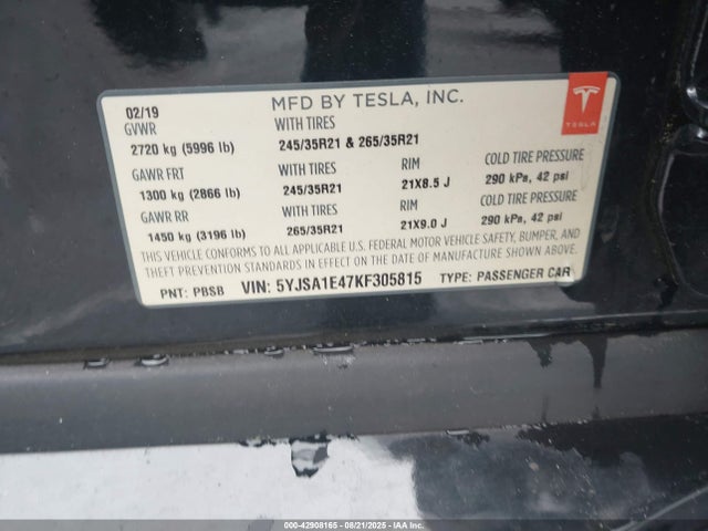 2019 TESLA MODEL S 5YJSA1E47KF305815 Photo 8