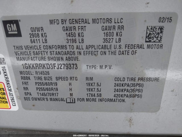 Aukcja sprzedaży 2015 Gmc Acadia Slt-1, vin: 1GKKRRKD3FJ279373, numer aukcji: 42908251