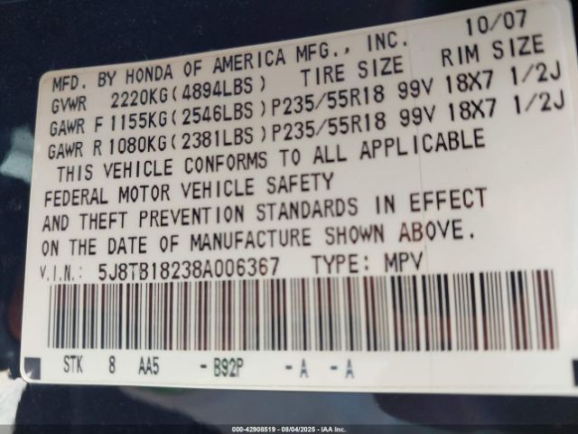 2008 ACURA RDX 5J8TB18238A006367 Photo 8