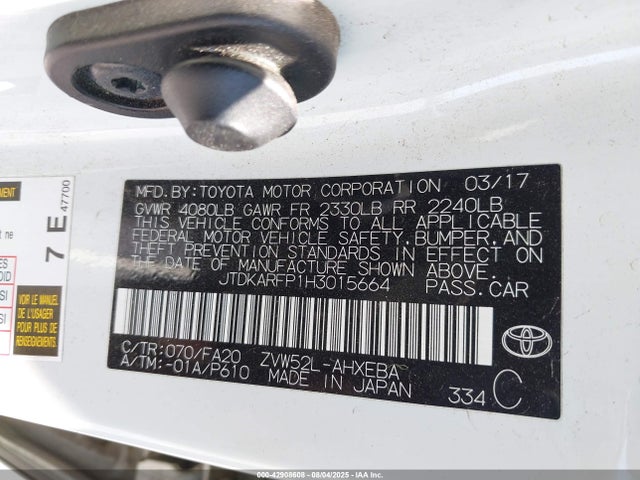 Toyota 2zr-fxe+1nm 2017 JTDKARFP1H3015664 Image 9