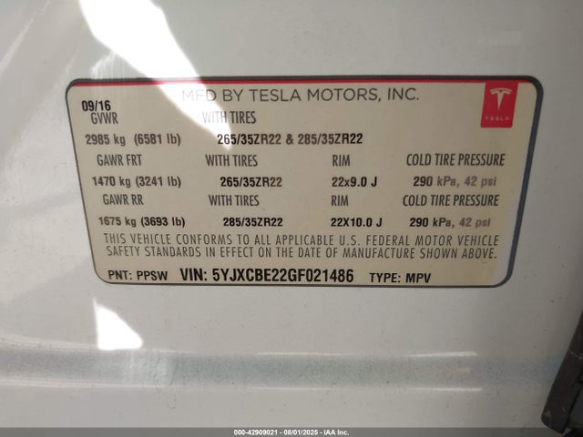 2016 TESLA MODEL X 5YJXCBE22GF021486 Photo 8