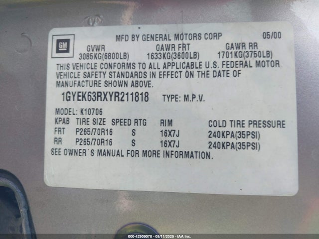 2000 CADILLAC ESCALADE 1GYEK63RXYR211818 Photo 8
