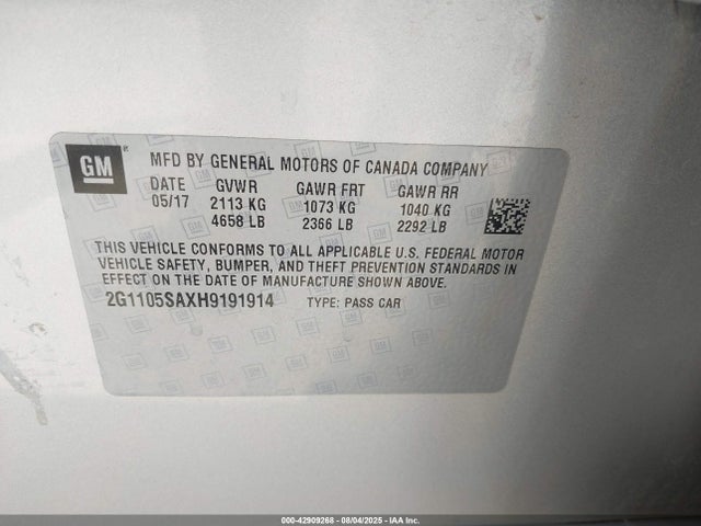 2G1105SAXH9191914 Chevrolet lcv -sidi: spark ignited direct injection, dcvcp, vvt: variable valve timing, e85 max, e0-e100, alum