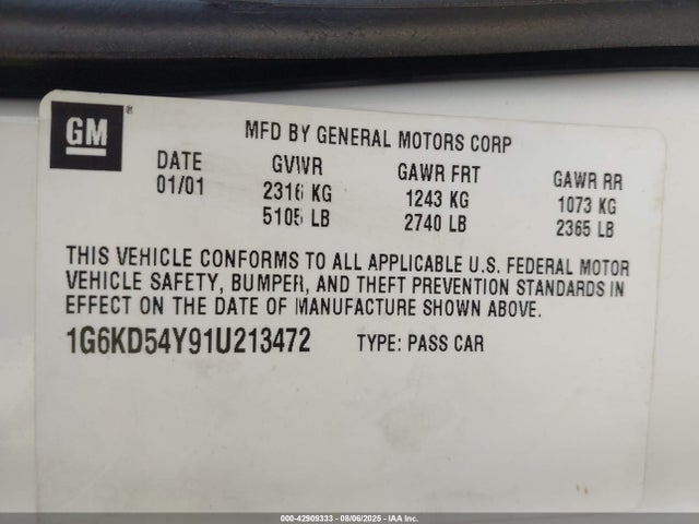 2001 CADILLAC DEVILLE 1G6KD54Y91U213472 Photo 8