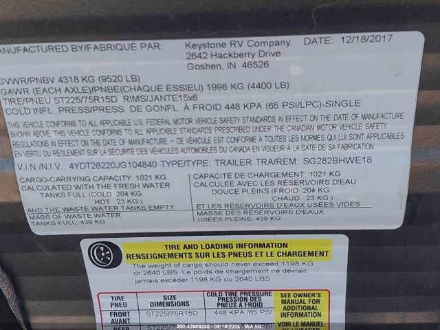 4YDT28220JG104840 Keystone keystone
