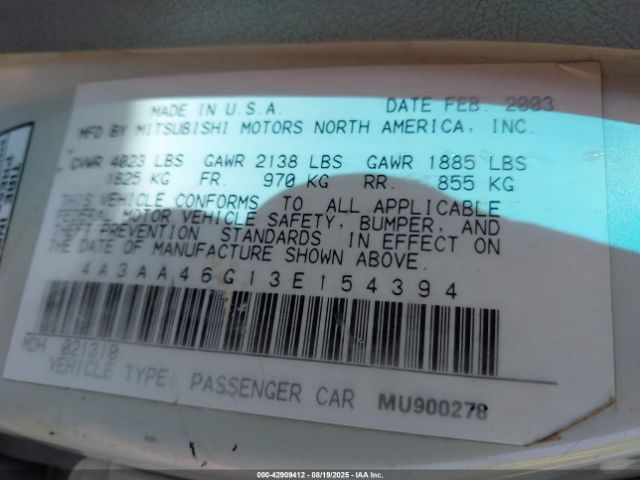 2003 MITSUBISHI GALANT 4A3AA46G13E154394 Photo 8