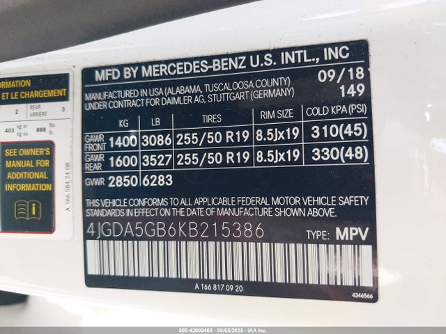 Mercedes-Benz m276 2019 4JGDA5GB6KB215386 Image 9