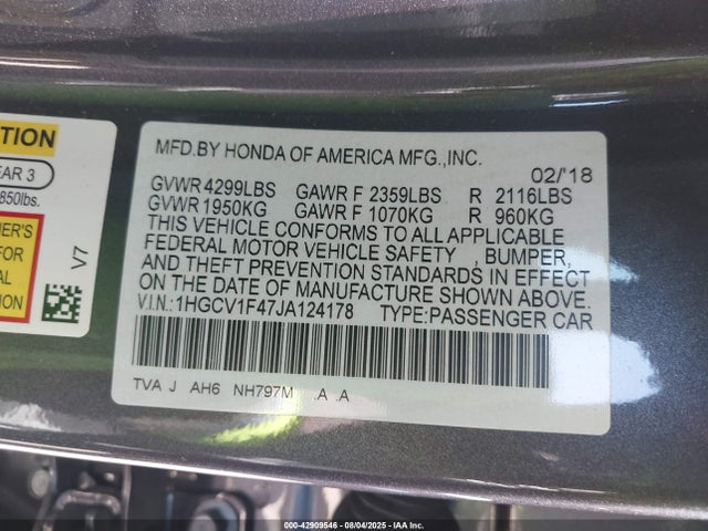 1HGCV1F47JA124178 Honda l15be
